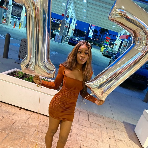 Long sleeve runched mini dress in golden brown - Picture 3 of 8